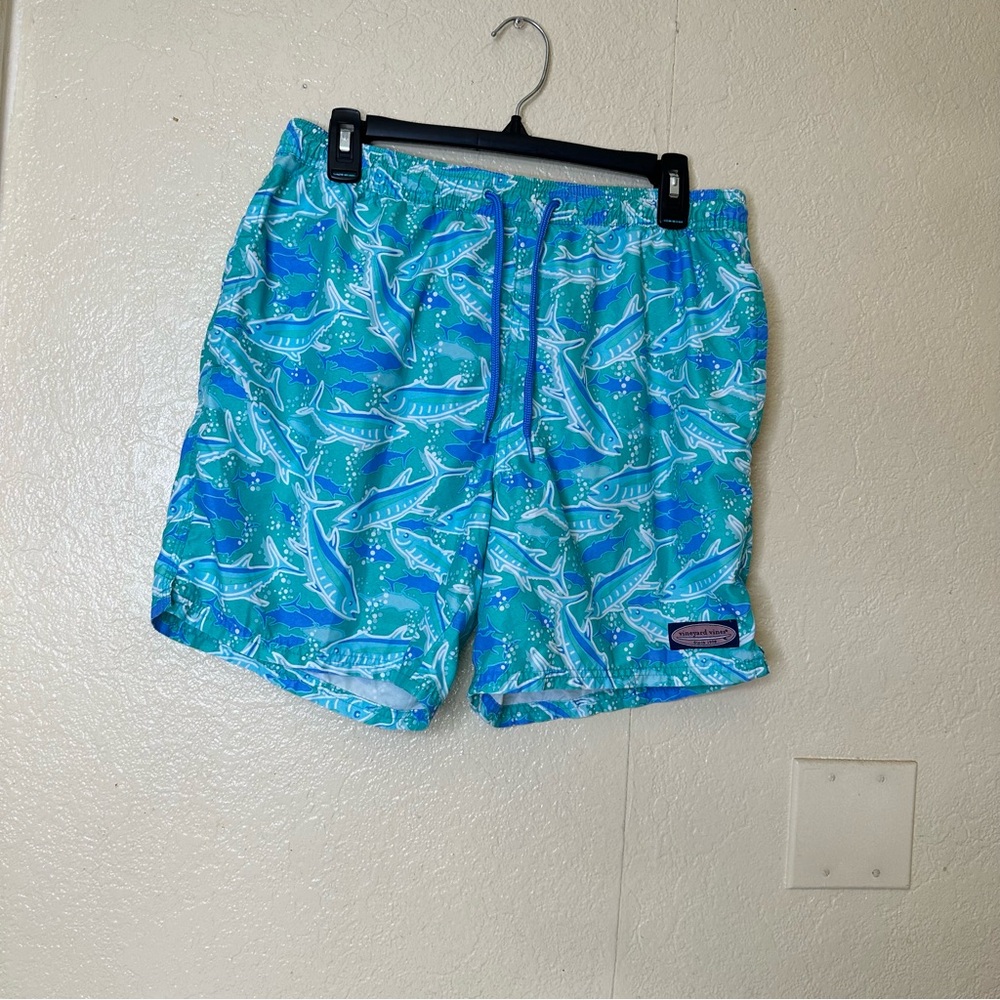 Vineyard Vines Men’s Blue and White Swim Trunks - Size Medium